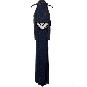 LA FEMME Navy Long Open Back Two Piece Beaded Gown Dress